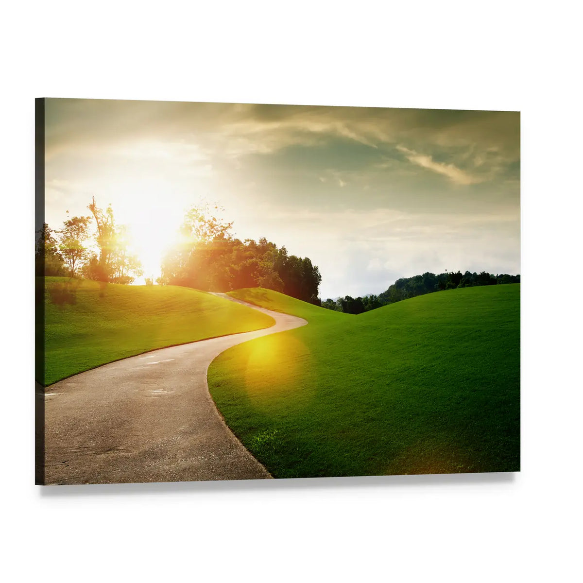 Curving Green Hill Path at Sunset Canvas Wall Art, single panel gallery wrapped canvas, angled product view