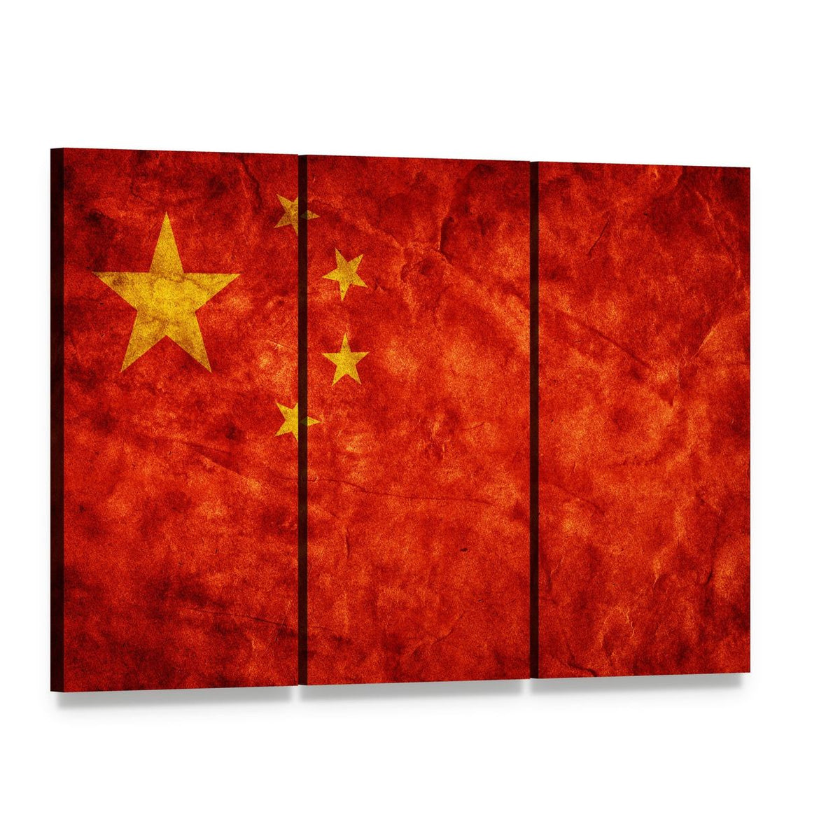 Vintage Grunge Chinese Flag Canvas Wall Art, 3 panel 3 Horizontal layout gallery wrapped canvas set, angled product view