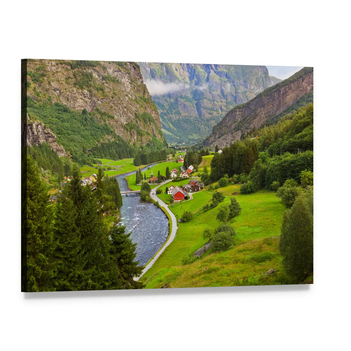 Village in Flam, Norway Canvas Wall Art, single panel gallery wrapped canvas, angled product view