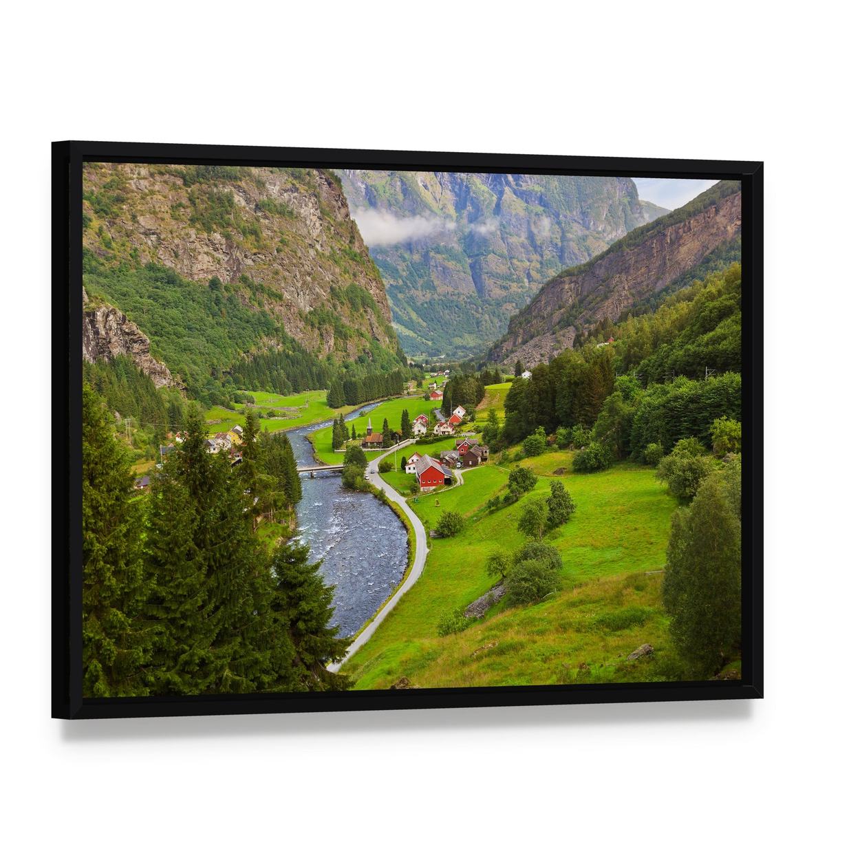 Flam Village Norway River Valley Canvas Wall Art, framed canvas in a black floater frame, angled product view