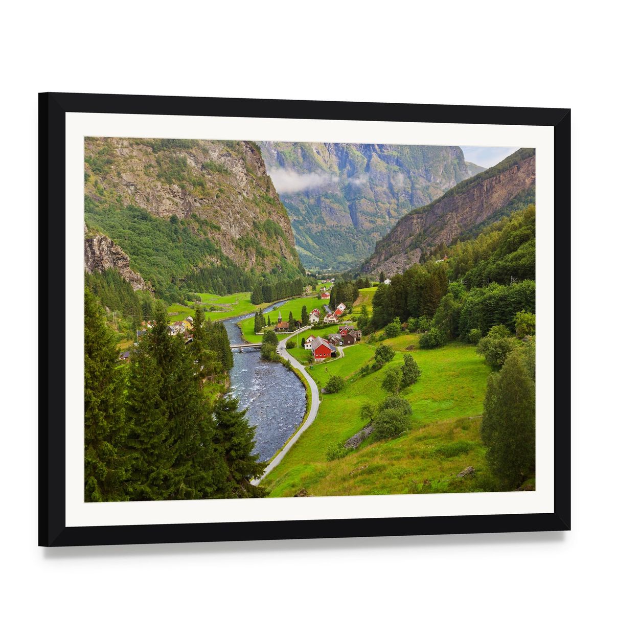 Flam Village Norway River Valley Canvas Wall Art, framed print with white mat and black frame, angled product view