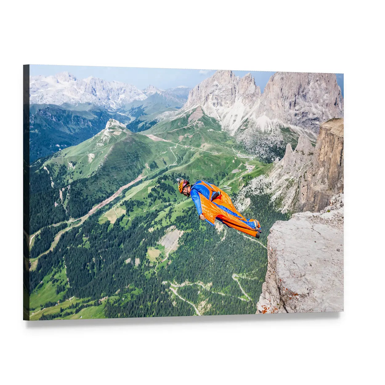 Wingsuit Flyer Over Mountain Valley Canvas Wall Art, single panel gallery wrapped canvas, angled product view