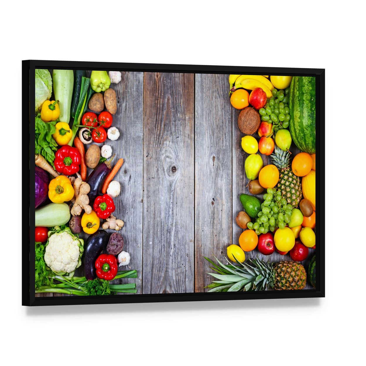 Fresh Vegetables and Fruit Canvas Wall Art, framed canvas in a black floater frame, angled product view