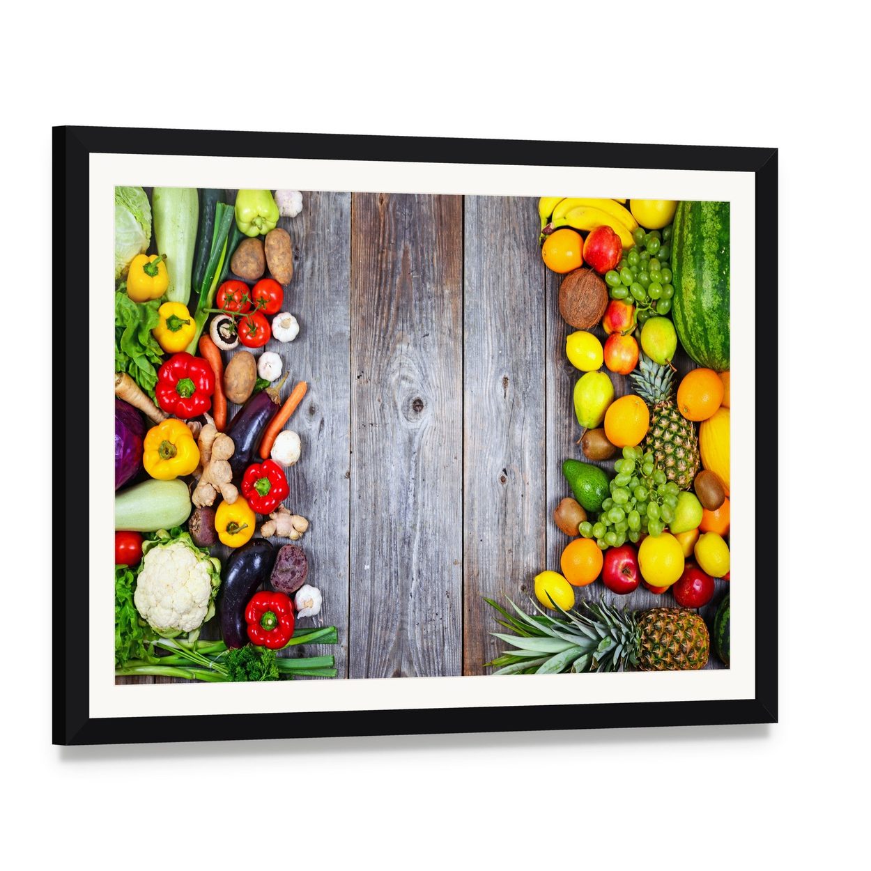 Fresh Vegetables and Fruit Canvas Wall Art, framed print with white mat and black frame, angled product view