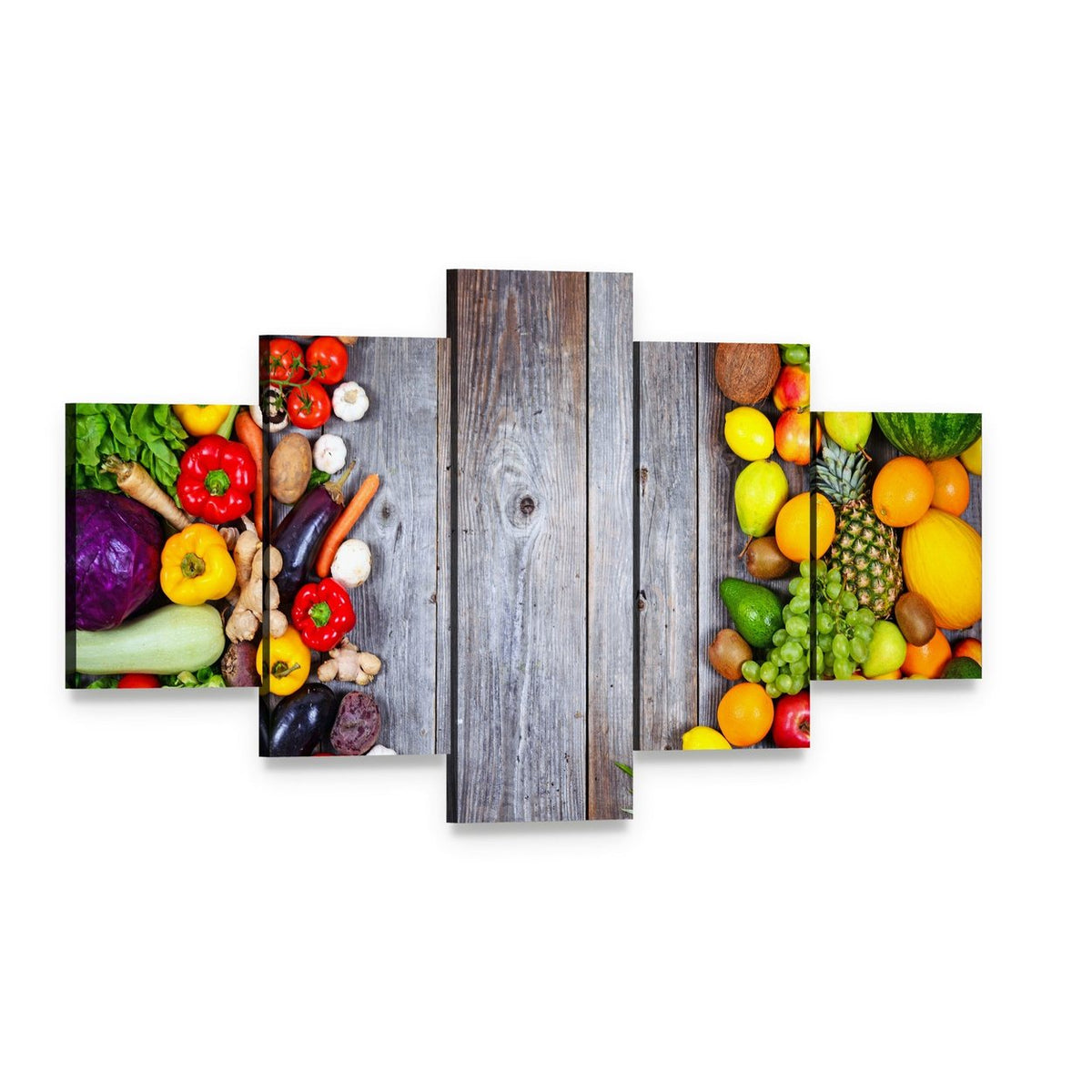 Fresh Vegetables and Fruit Canvas Wall Art, 5 panel 5 Star layout gallery wrapped canvas set, angled product view