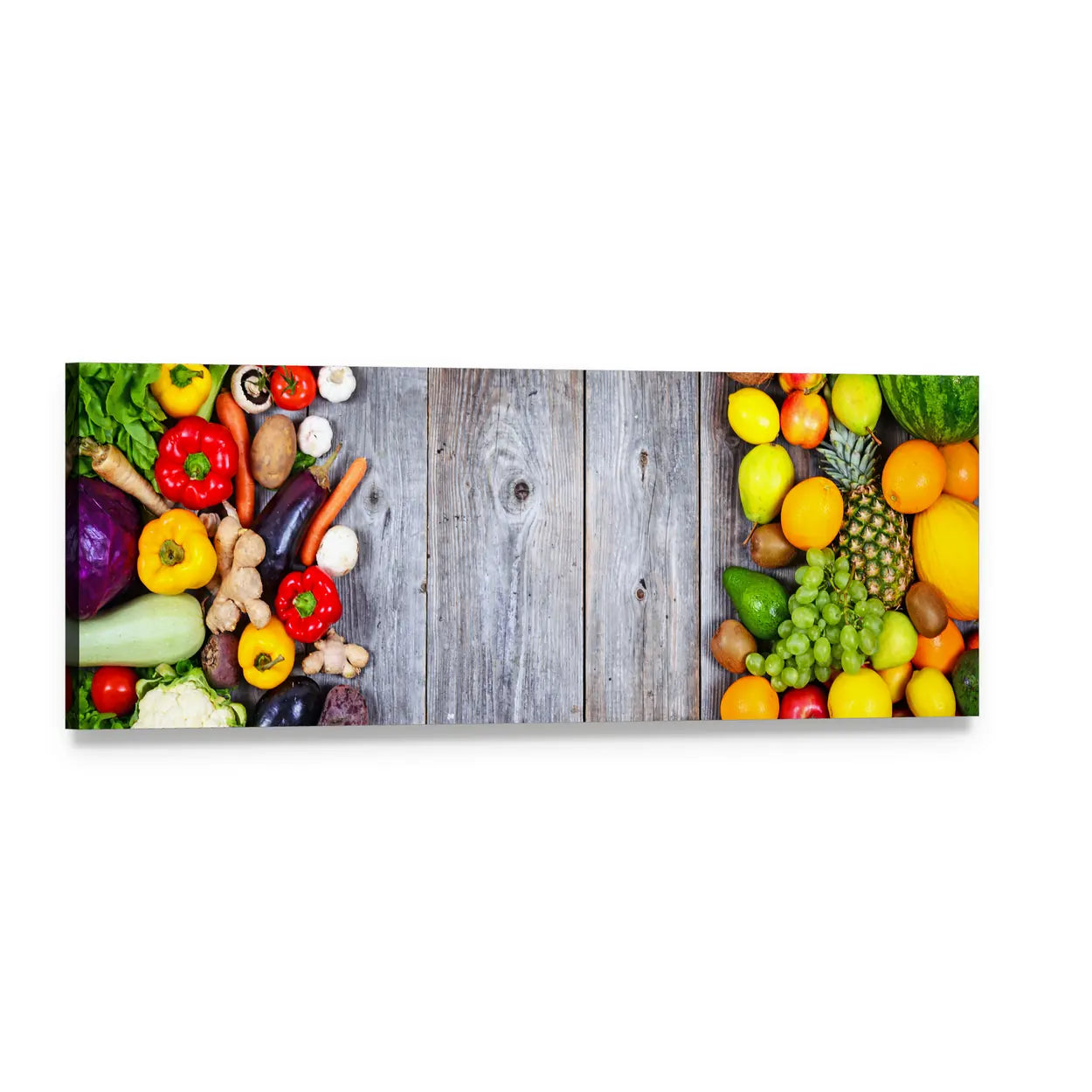 Fresh Fruits and Vegetables on Rustic Wood Panoramic Canvas Wall Art, single panel gallery wrapped canvas, angled product view