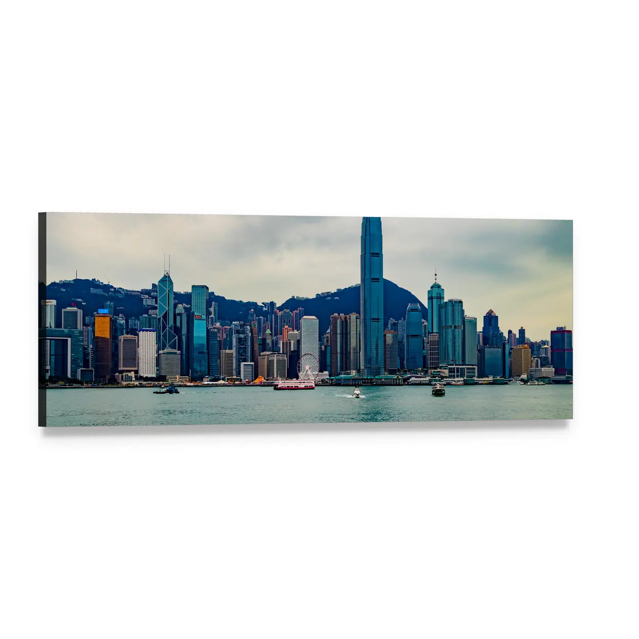 Hong Kong Skyline Over Victoria Harbour Panoramic Canvas Wall Art, single panel gallery wrapped canvas, angled product view