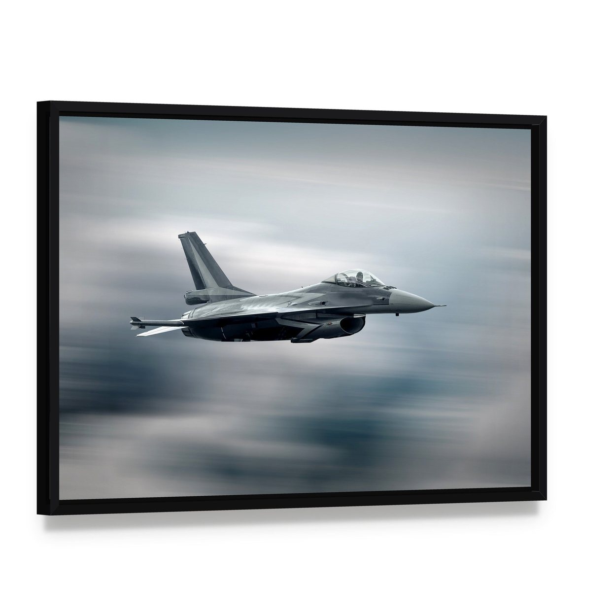 High Speed Military Airplane Canvas Wall Art, framed canvas in a black floater frame, angled product view
