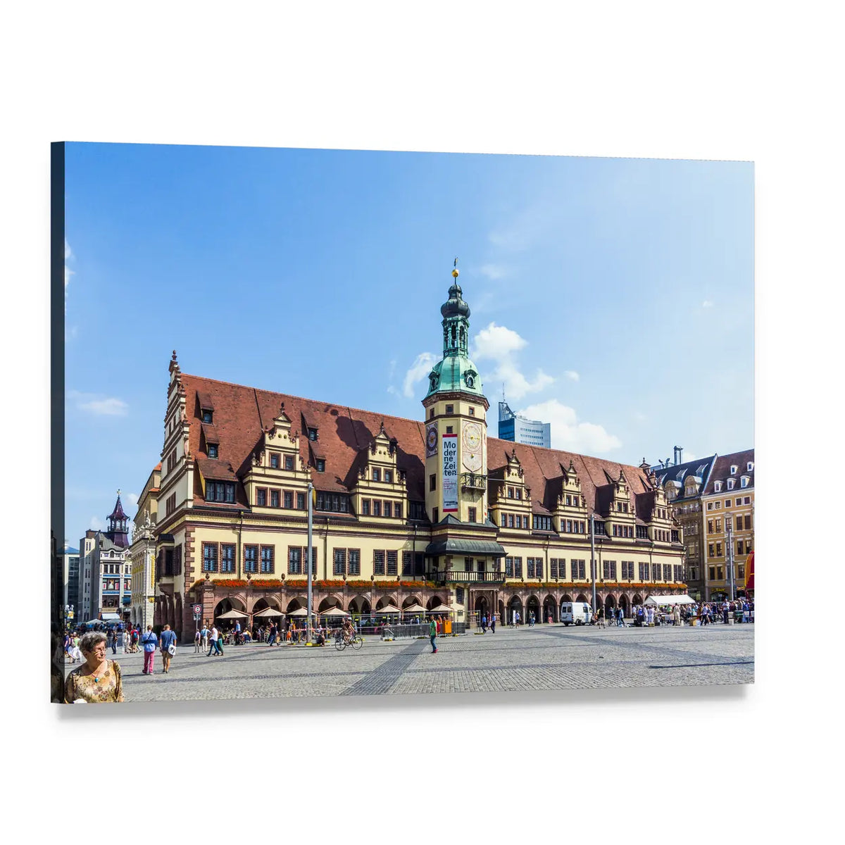 People at Altes Rathaus Leipzig, Sunny Plaza Canvas Wall Art, single panel gallery wrapped canvas, angled product view
