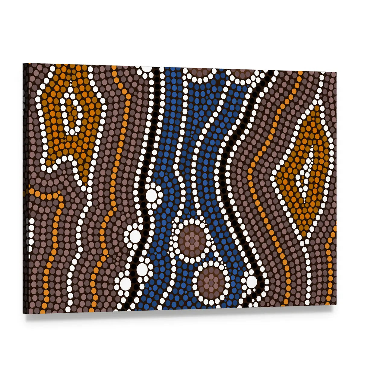 Indigenous Australian River Dot Painting Canvas Wall Art, single panel gallery wrapped canvas, angled product view