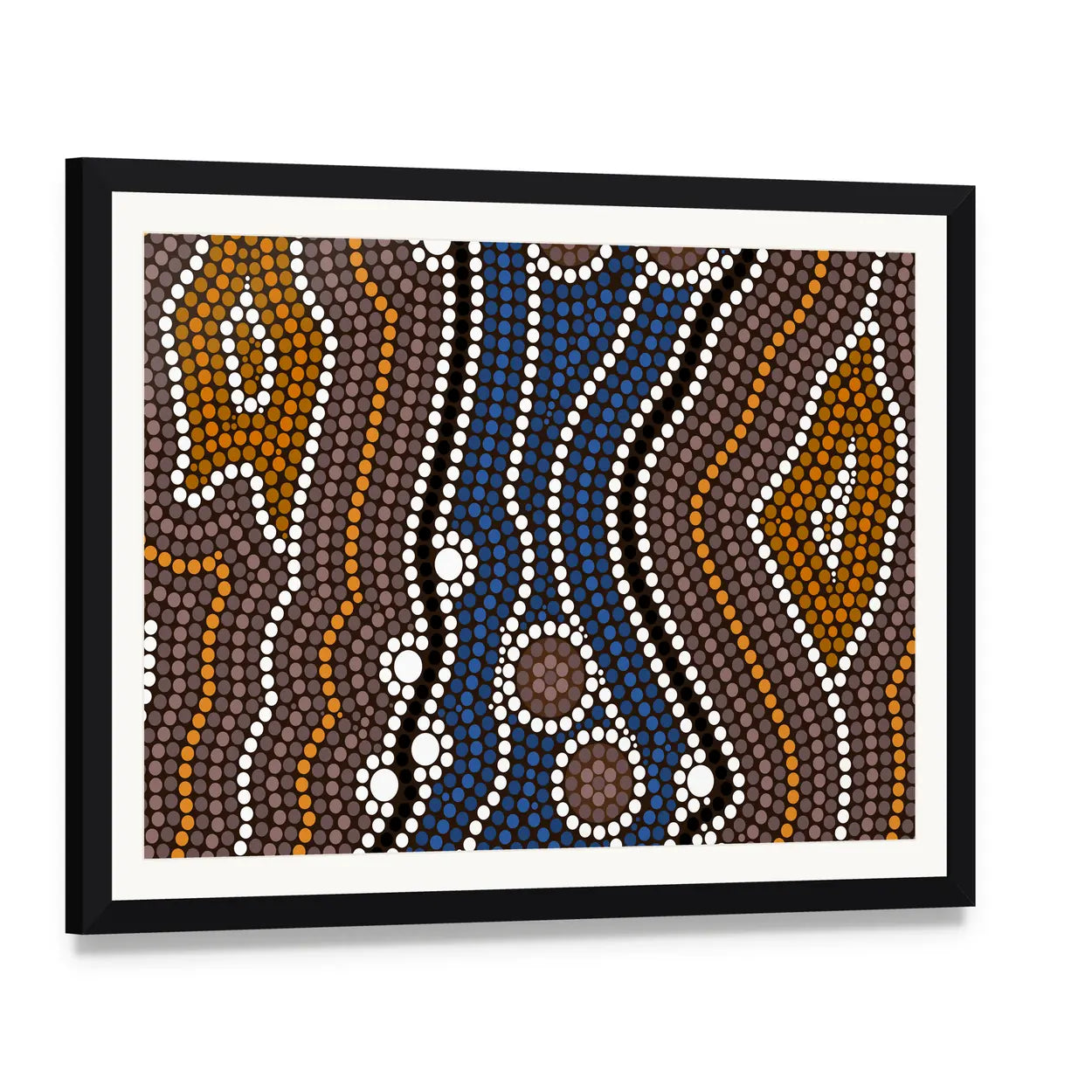 Indigenous Australian River Dot Painting Canvas Wall Art, framed print with white mat and black frame, angled product view