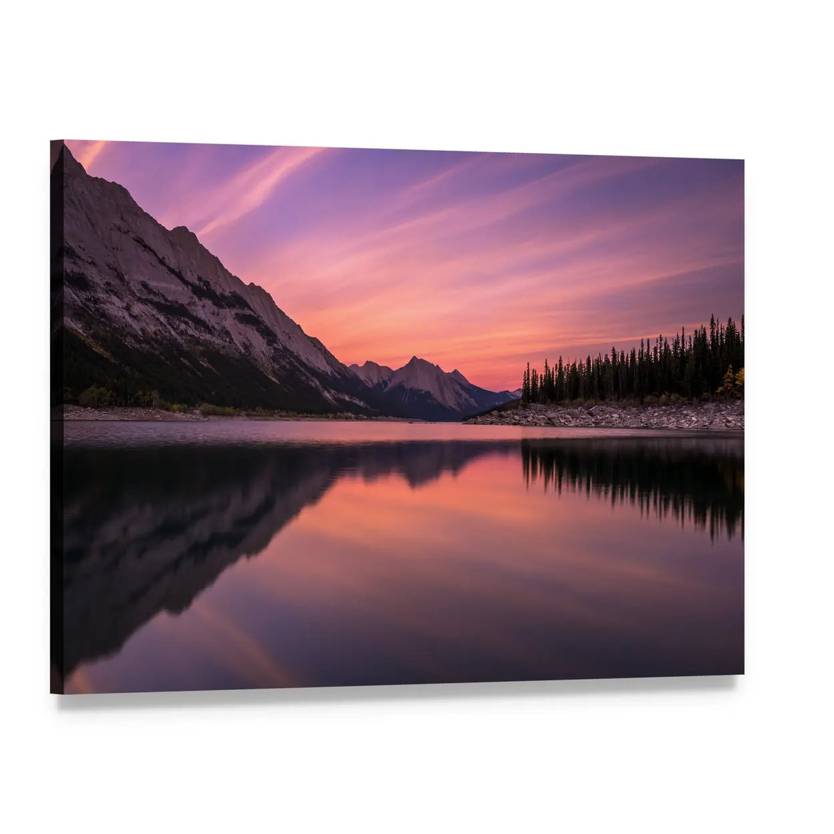 Medicine Lake At Sunset In Canadian Rockies Canvas Wall Art, single panel gallery wrapped canvas, angled product view