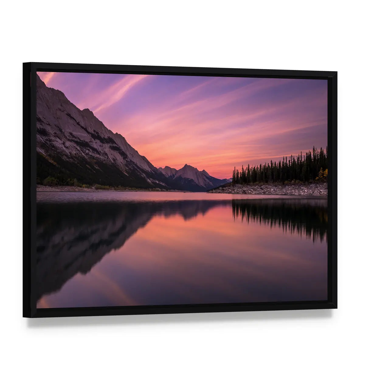 Medicine Lake At Sunset In Canadian Rockies Canvas Wall Art, framed canvas in a black floater frame, angled product view