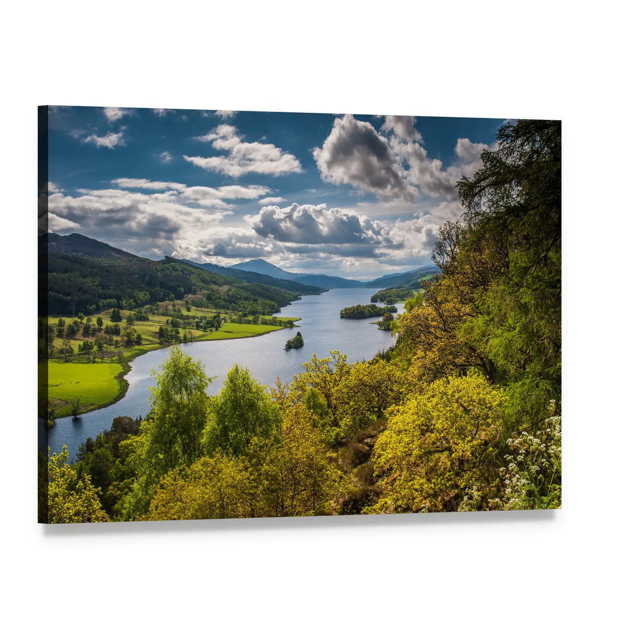 Winding Lake and Treed Hills, Scotland Canvas Wall Art, single panel gallery wrapped canvas, angled product view