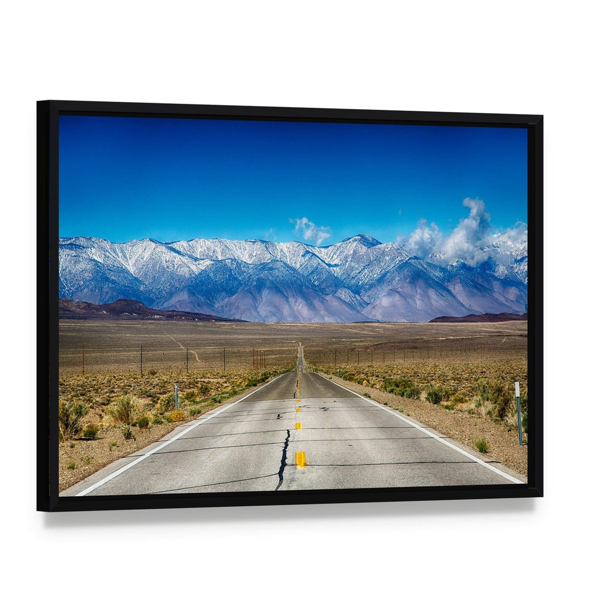 Road Through Eastern Sierra Nevada Mountains Canvas Wall Art, framed canvas in a black floater frame, angled product view