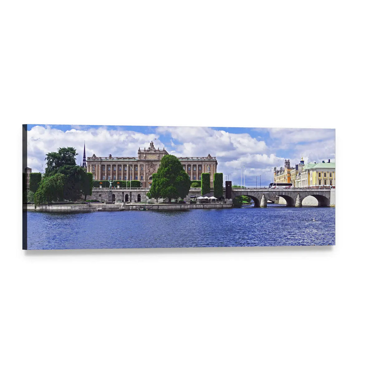 Neoclassical Parliament and Stone Arched Bridge Panoramic Canvas Wall Art, single panel gallery wrapped canvas, angled product view