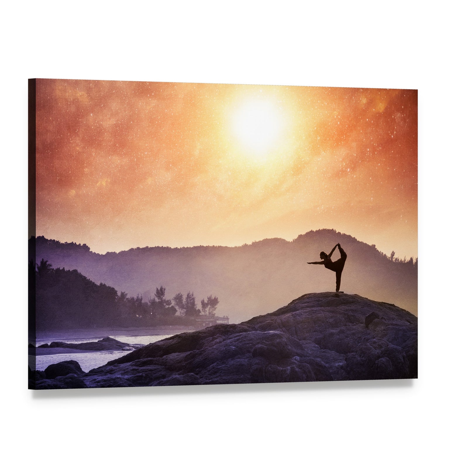 Woman Doing Yoga at Sunset Canvas Wall Art, single panel gallery wrapped canvas, angled product view