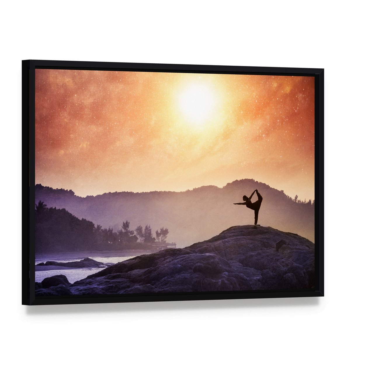 Woman Doing Yoga at Sunset Canvas Wall Art, framed canvas in a black floater frame, angled product view