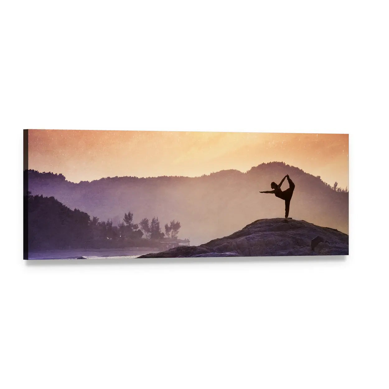 Yoga Silhouette on Misty Mountains Panoramic Canvas Wall Art, single panel gallery wrapped canvas, angled product view