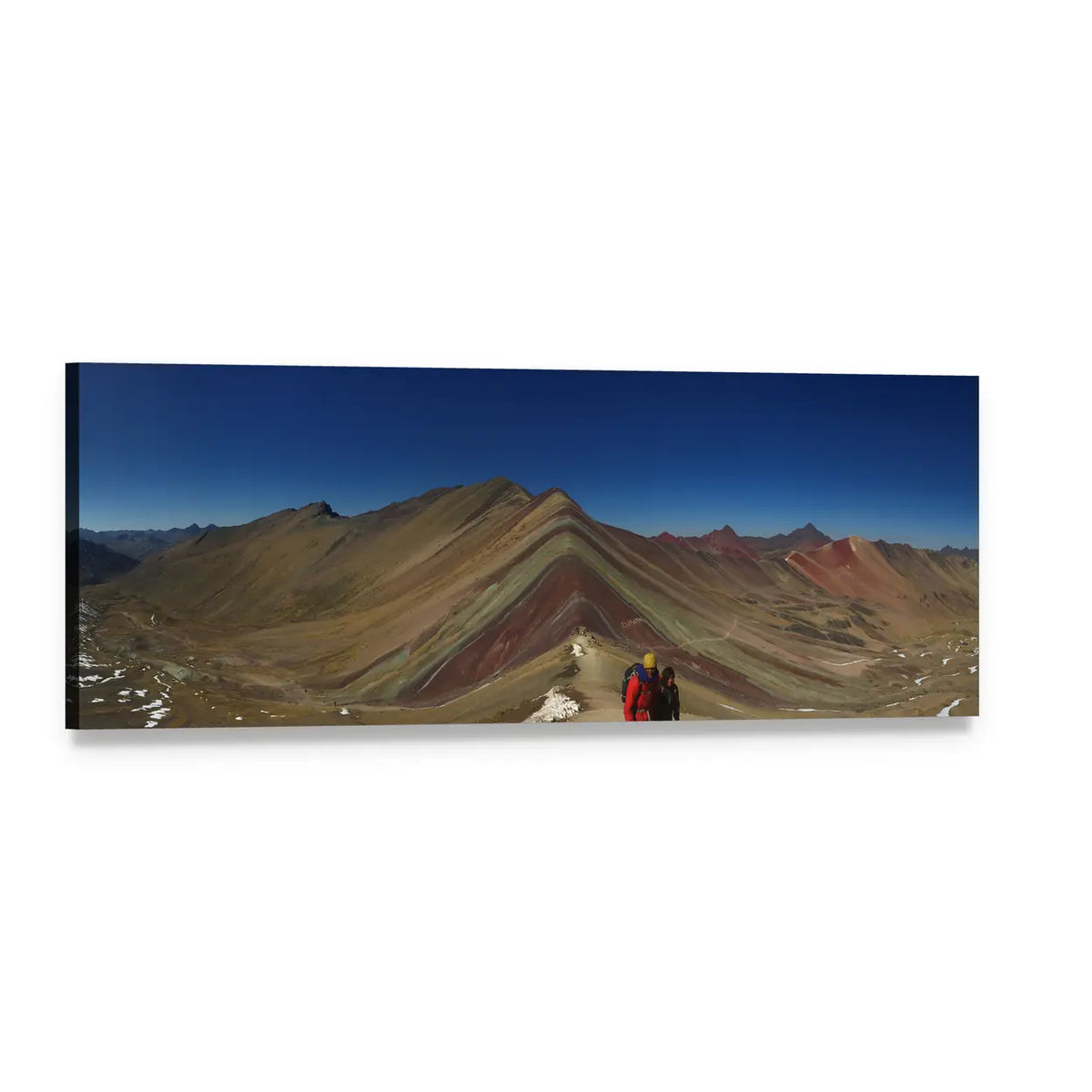 Rainbow Mountains with Hikers Panoramic Canvas Wall Art, single panel gallery wrapped canvas, angled product view