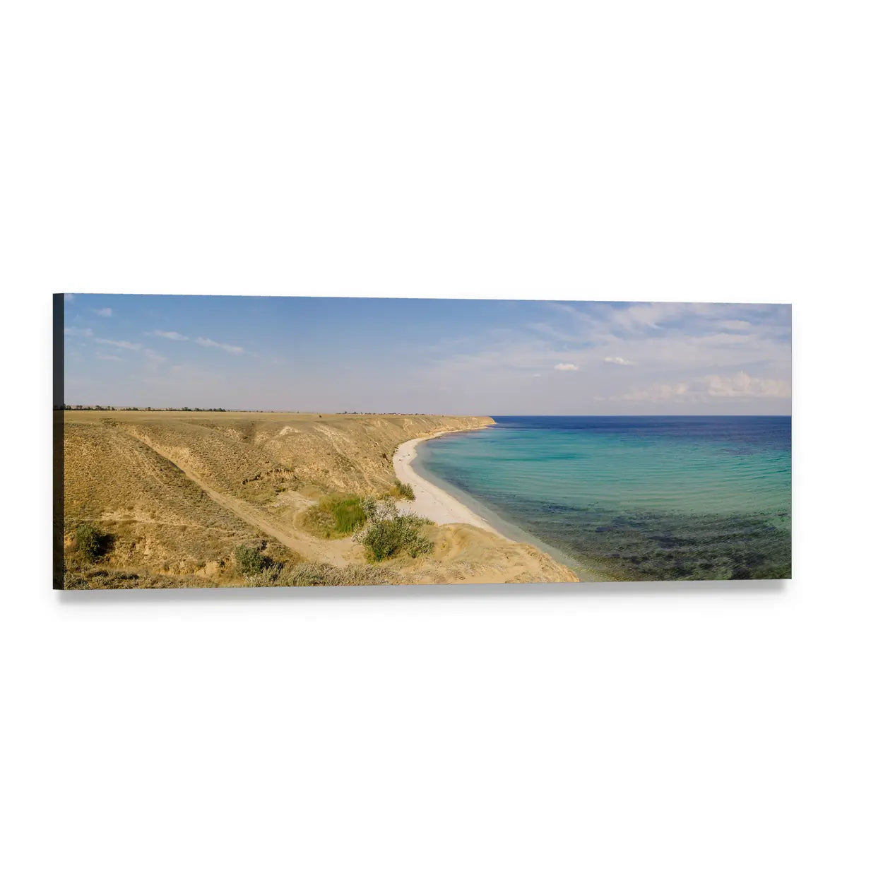 Coastal Cliffs and Turquoise Sea Panoramic Canvas Wall Art, single panel gallery wrapped canvas, angled product view