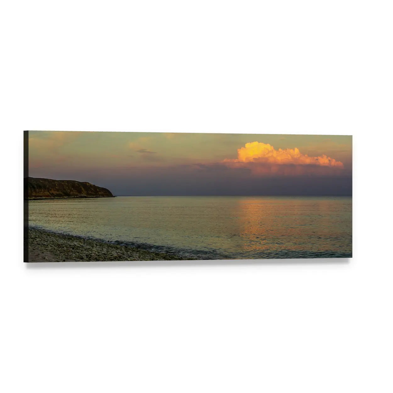 Sunset Over Pebbled Shoreline Panoramic Canvas Wall Art, single panel gallery wrapped canvas, angled product view