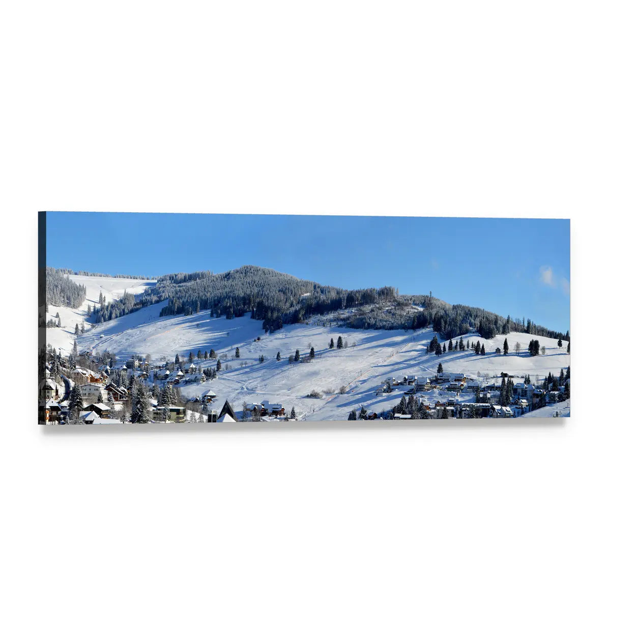Winter Alpine Village Landscape Panoramic Canvas Wall Art, single panel gallery wrapped canvas, angled product view