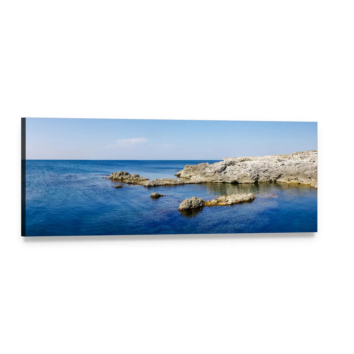 Summer Rocky Coastline Seascape Panoramic Canvas Wall Art, single panel gallery wrapped canvas, angled product view