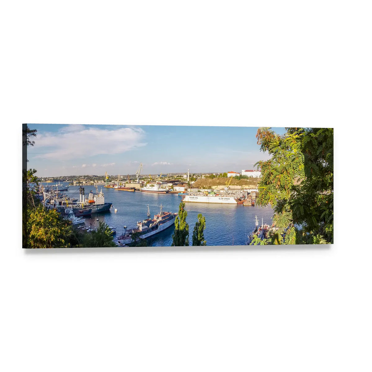 Marina Seascape with Harbor Ships Panoramic Canvas Wall Art, single panel gallery wrapped canvas, angled product view