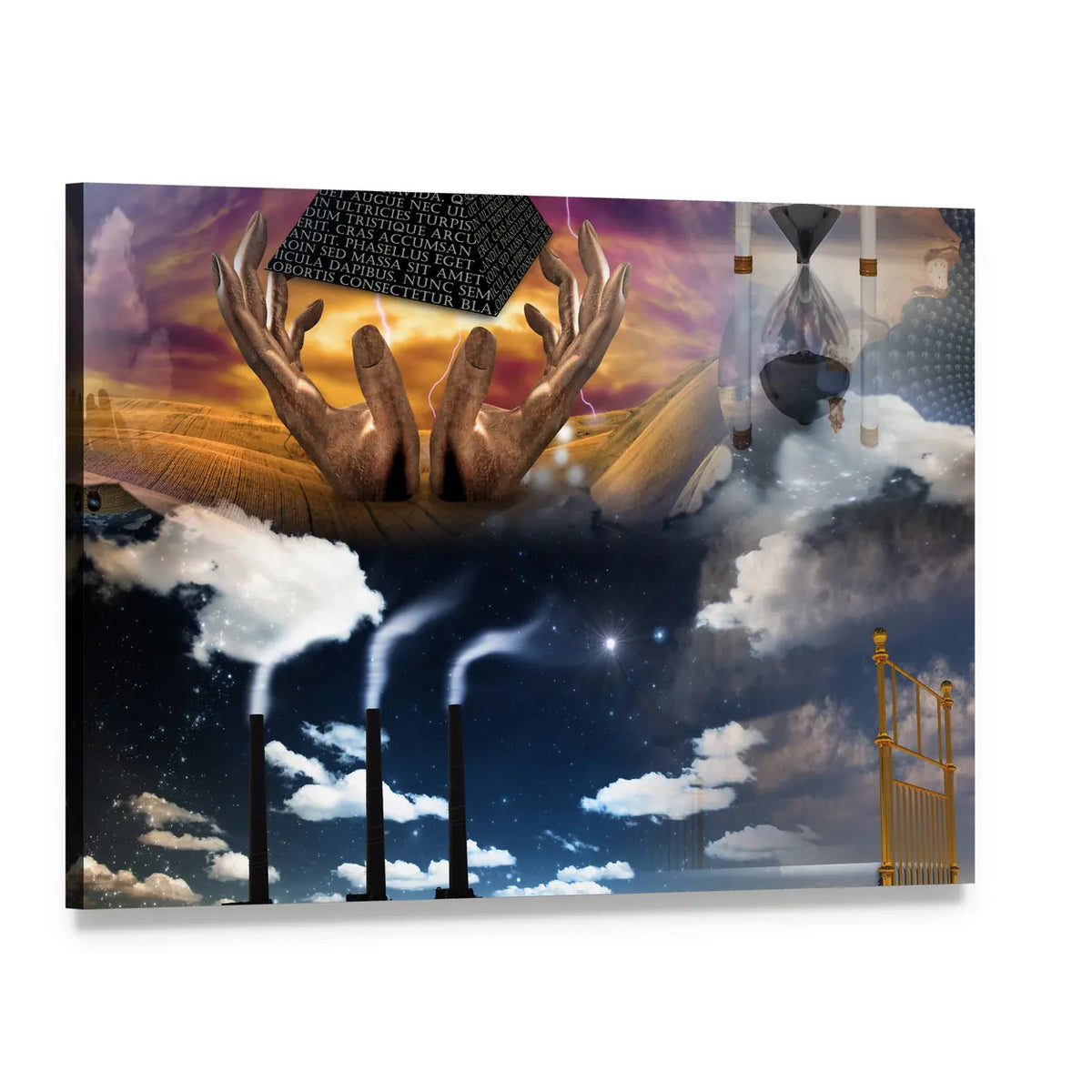 Surreal Pyramid with Hourglass and Hands Canvas Wall Art, single panel gallery wrapped canvas, angled product view