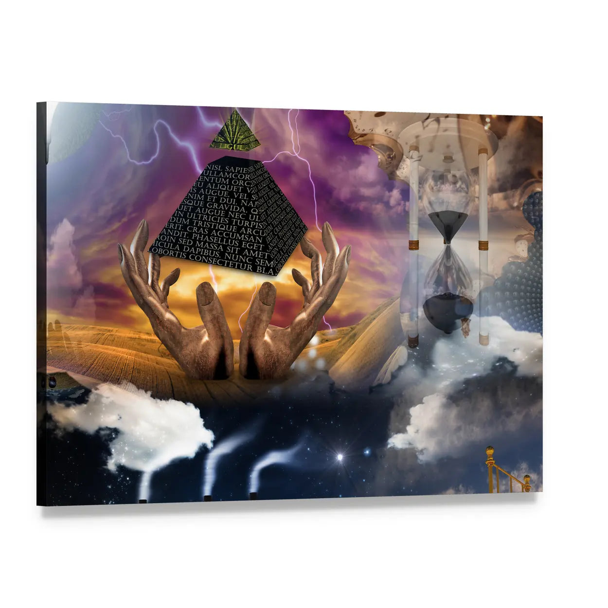 Pyramid and Hourglass Surreal Collage Canvas Wall Art, single panel gallery wrapped canvas, angled product view