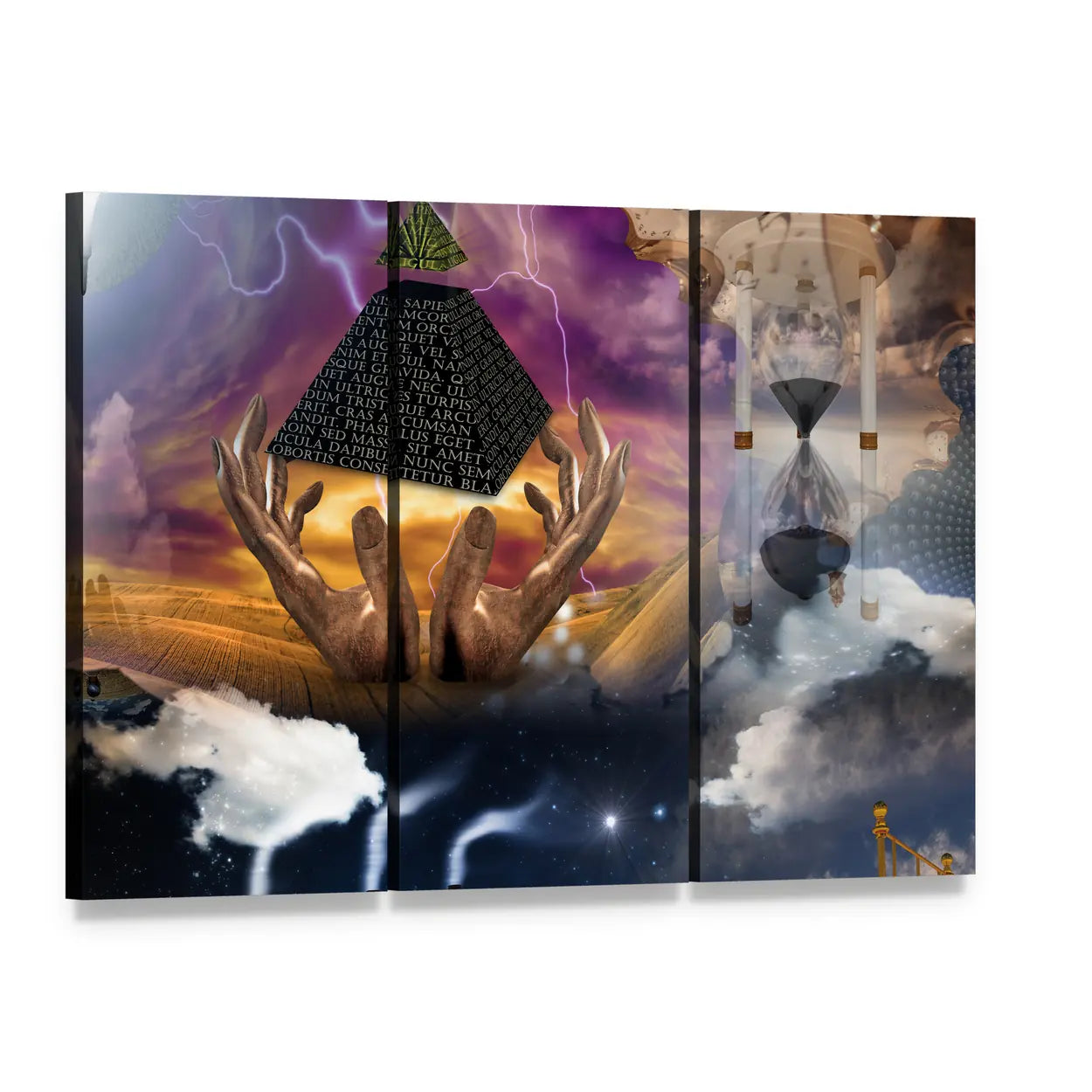 Surreal Pyramid with Hourglass and Hands Canvas Wall Art, 3 panel 3 Horizontal layout gallery wrapped canvas set, angled product view