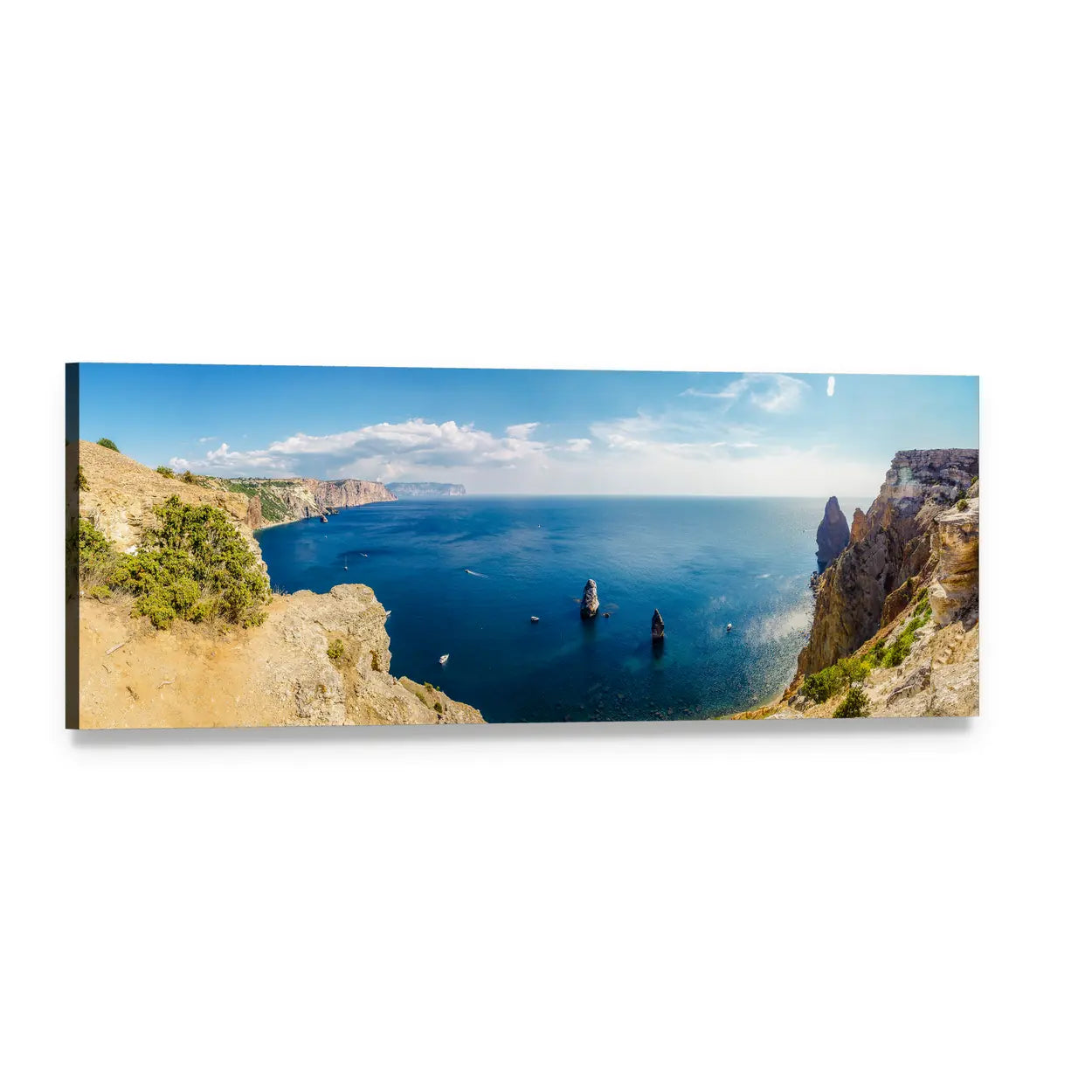 Summer Coastal Cliffs Seascape Panoramic Canvas Wall Art, single panel gallery wrapped canvas, angled product view
