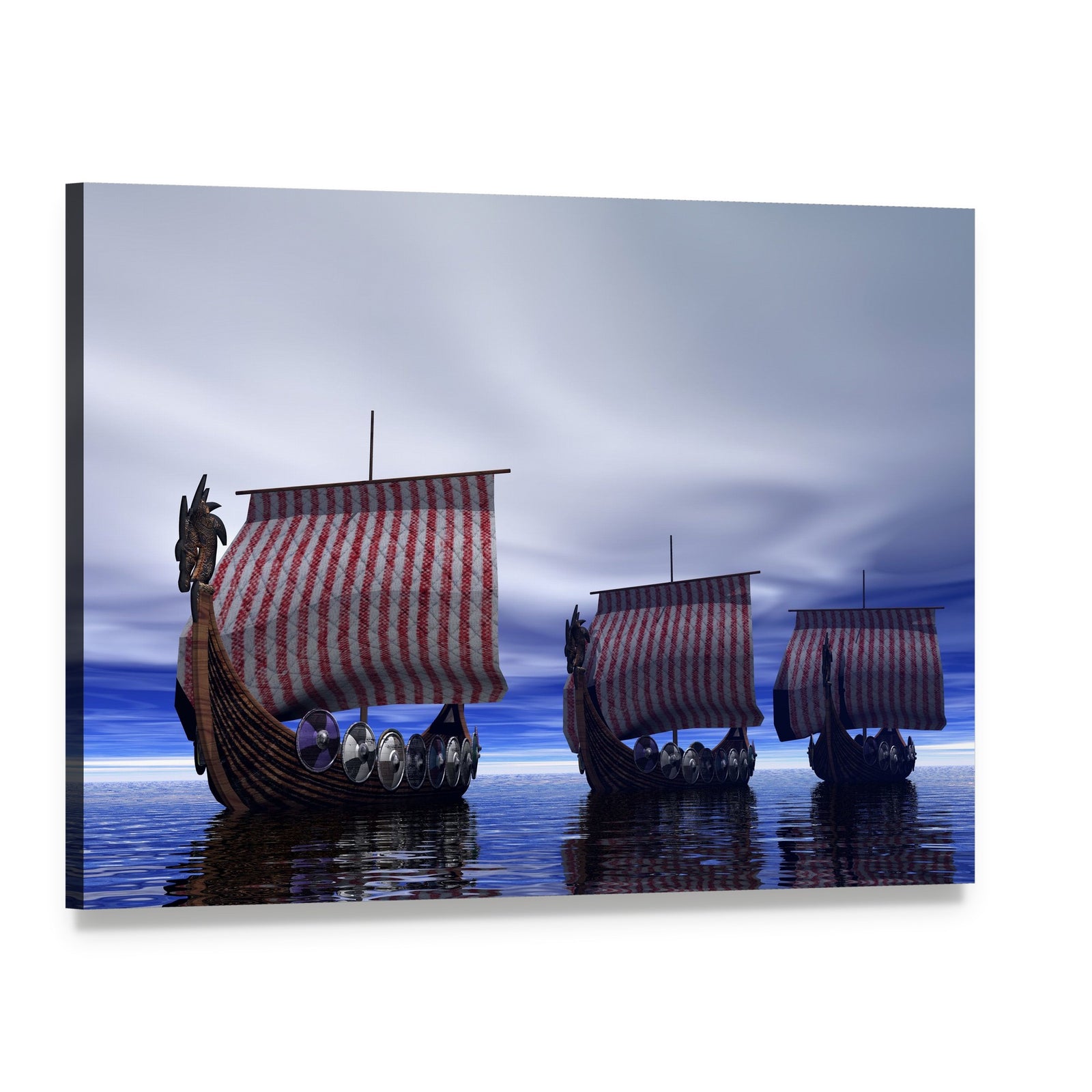 Three Viking Longships at Sea Canvas Wall Art, single panel gallery wrapped canvas, angled product view