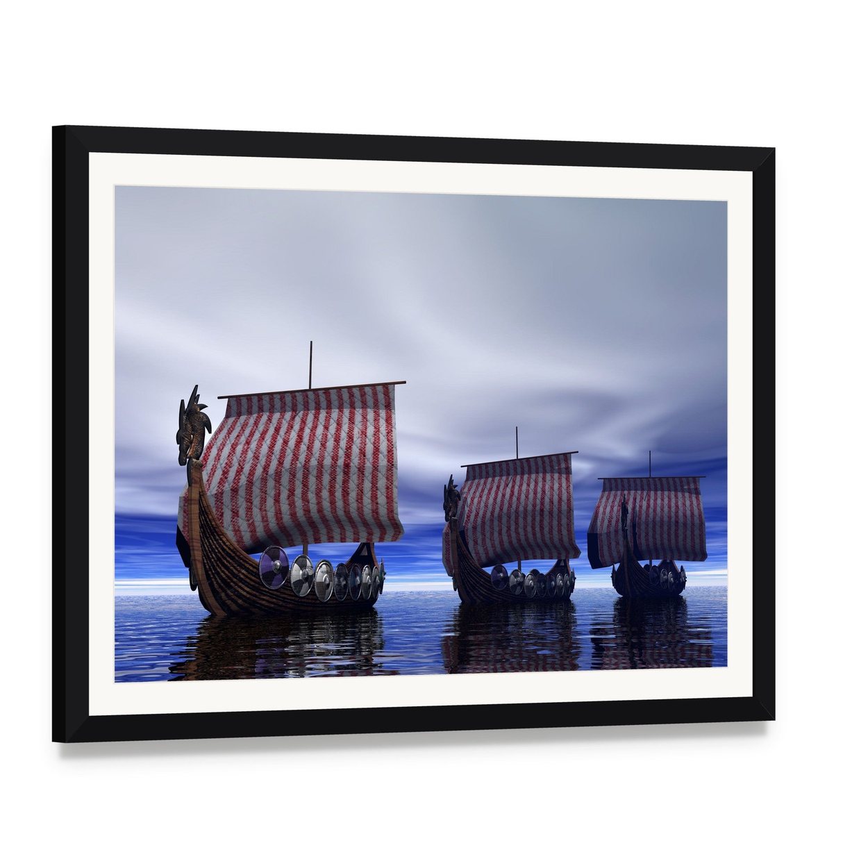 Three Viking Longships at Sea Canvas Wall Art, framed print with white mat and black frame, angled product view