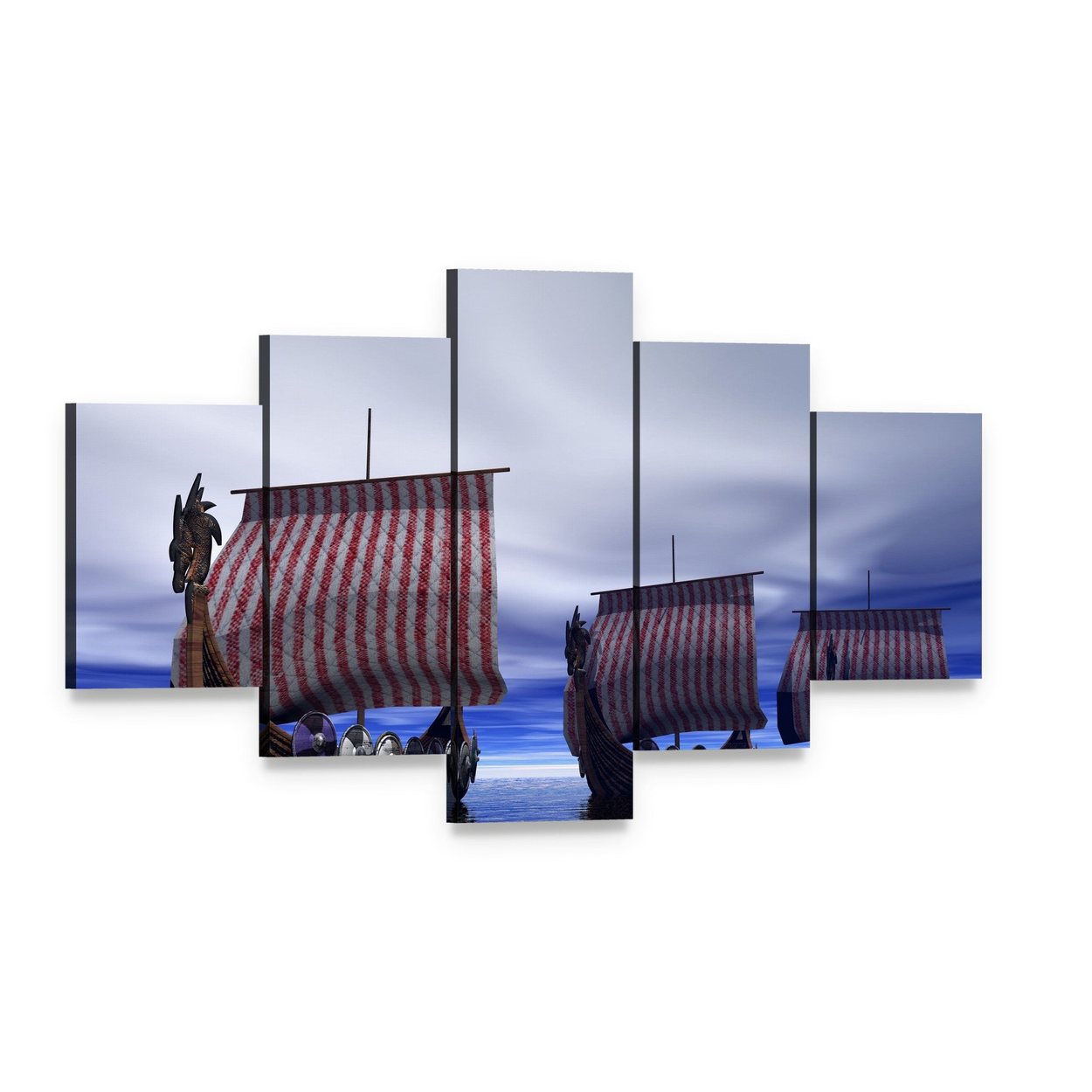 Three Viking Longships at Sea Canvas Wall Art, 5 panel 5 Star layout gallery wrapped canvas set, angled product view