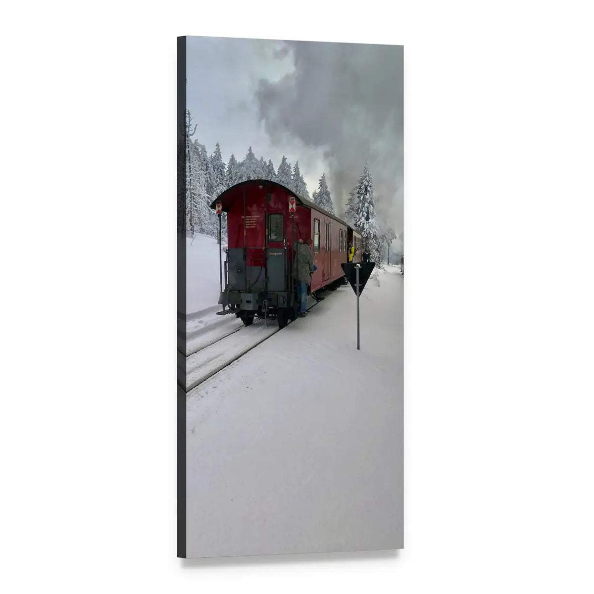Red Train in Snowy Landscape Vertical Canvas Wall Art, 1 panel 1 Vertical layout gallery wrapped canvas set, angled product view