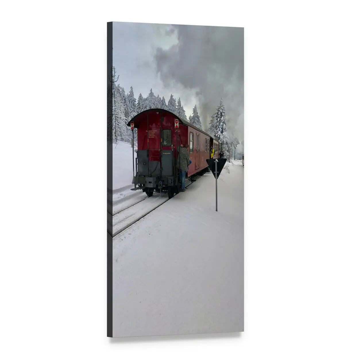 Red Train in Snowy Landscape Vertical Canvas Wall Art, 1 panel 1 Vertical layout gallery wrapped canvas set, angled product view