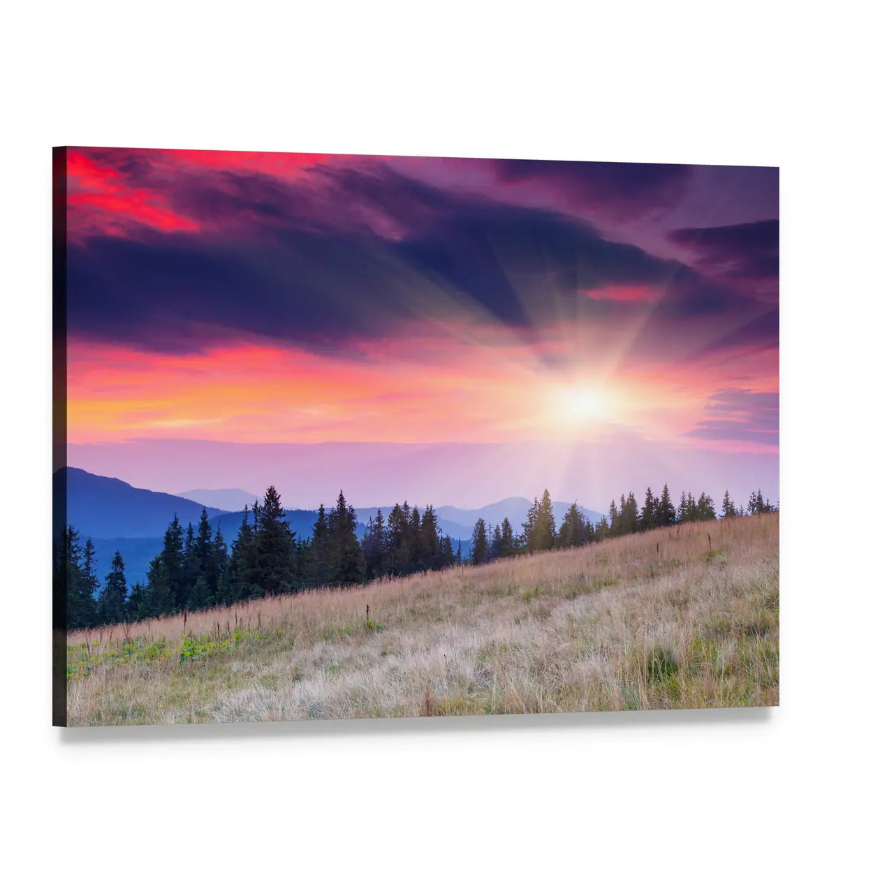 Majestic Mountain Sunrise Over Meadow Canvas Wall Art, single panel gallery wrapped canvas, angled product view