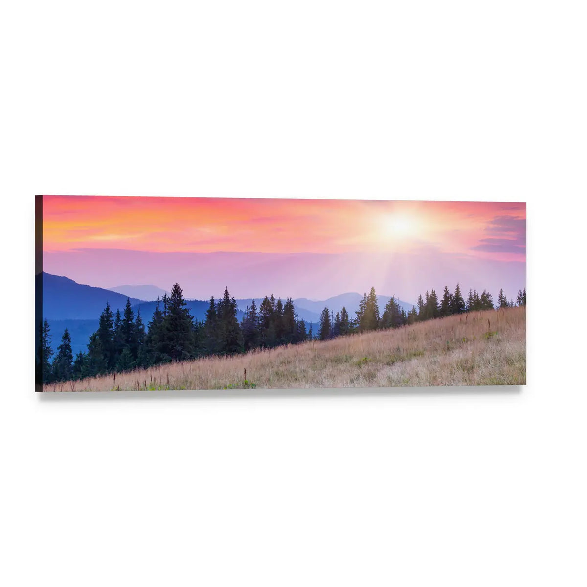 Sunset Over Majestic Mountain Range Panoramic Canvas Wall Art, single panel gallery wrapped canvas, angled product view