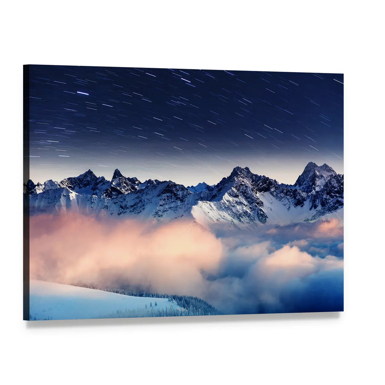 Milky Way Over Winter Mountains Canvas Wall Art, single panel gallery wrapped canvas, angled product view