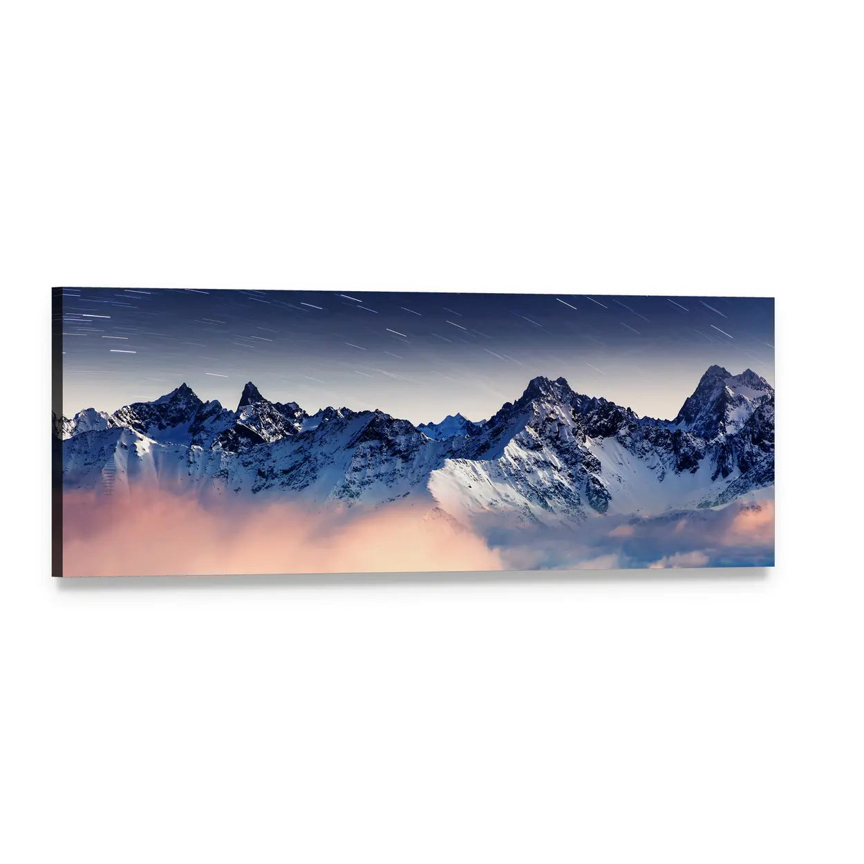 Milky Way Over Winter Mountains Panoramic Canvas Wall Art, single panel gallery wrapped canvas, angled product view