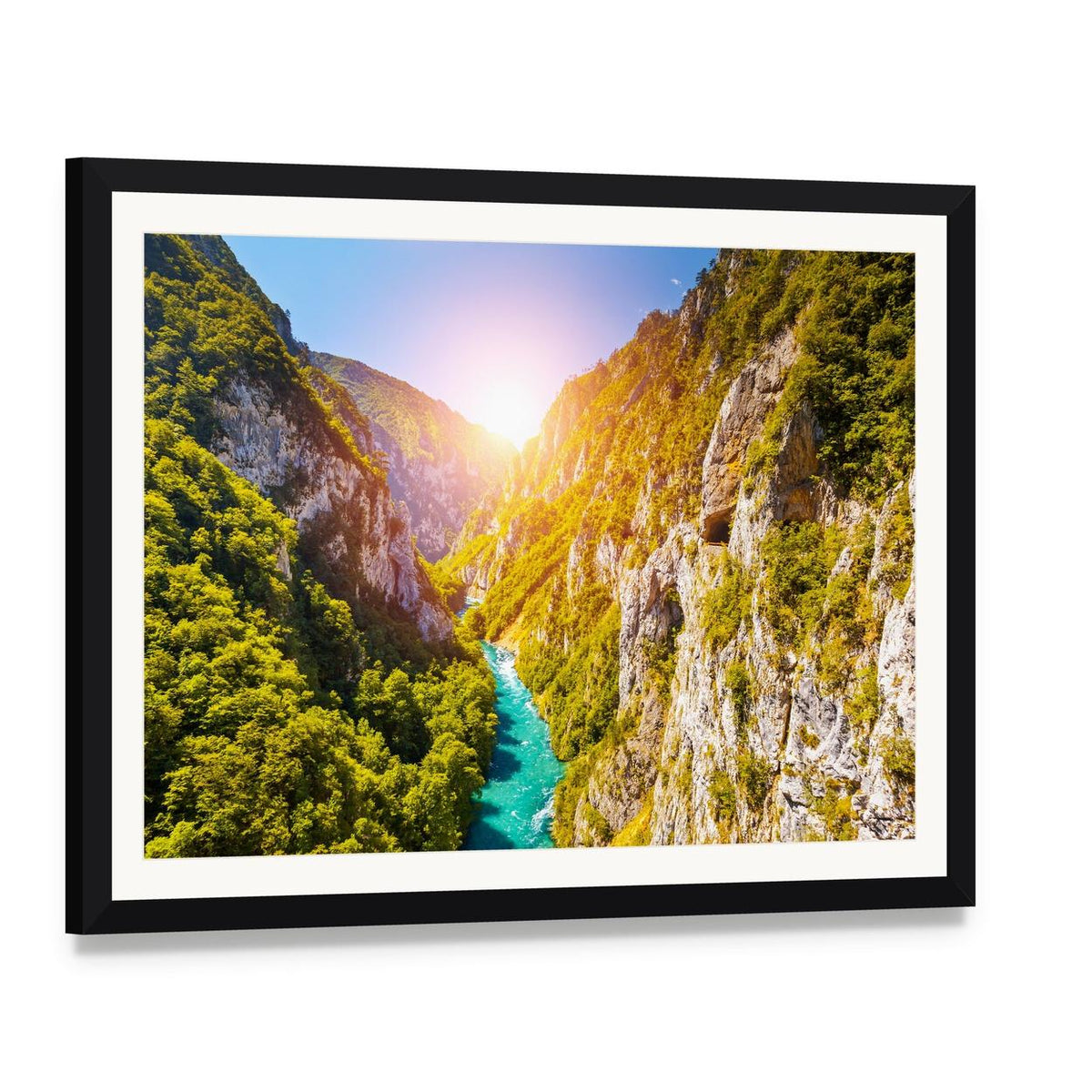 Piva Canyon in Montenegro Canvas Wall Art, framed print with white mat and black frame, angled product view