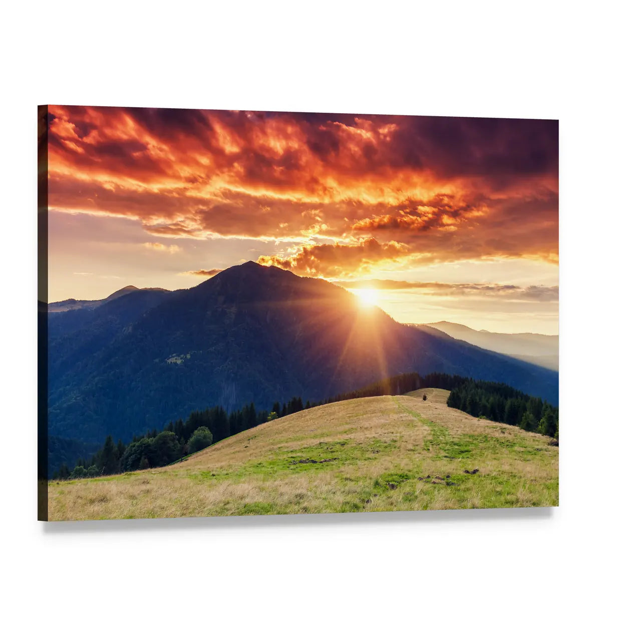 Sun Rays Behind Mountain at Sunset Canvas Wall Art, single panel gallery wrapped canvas, angled product view