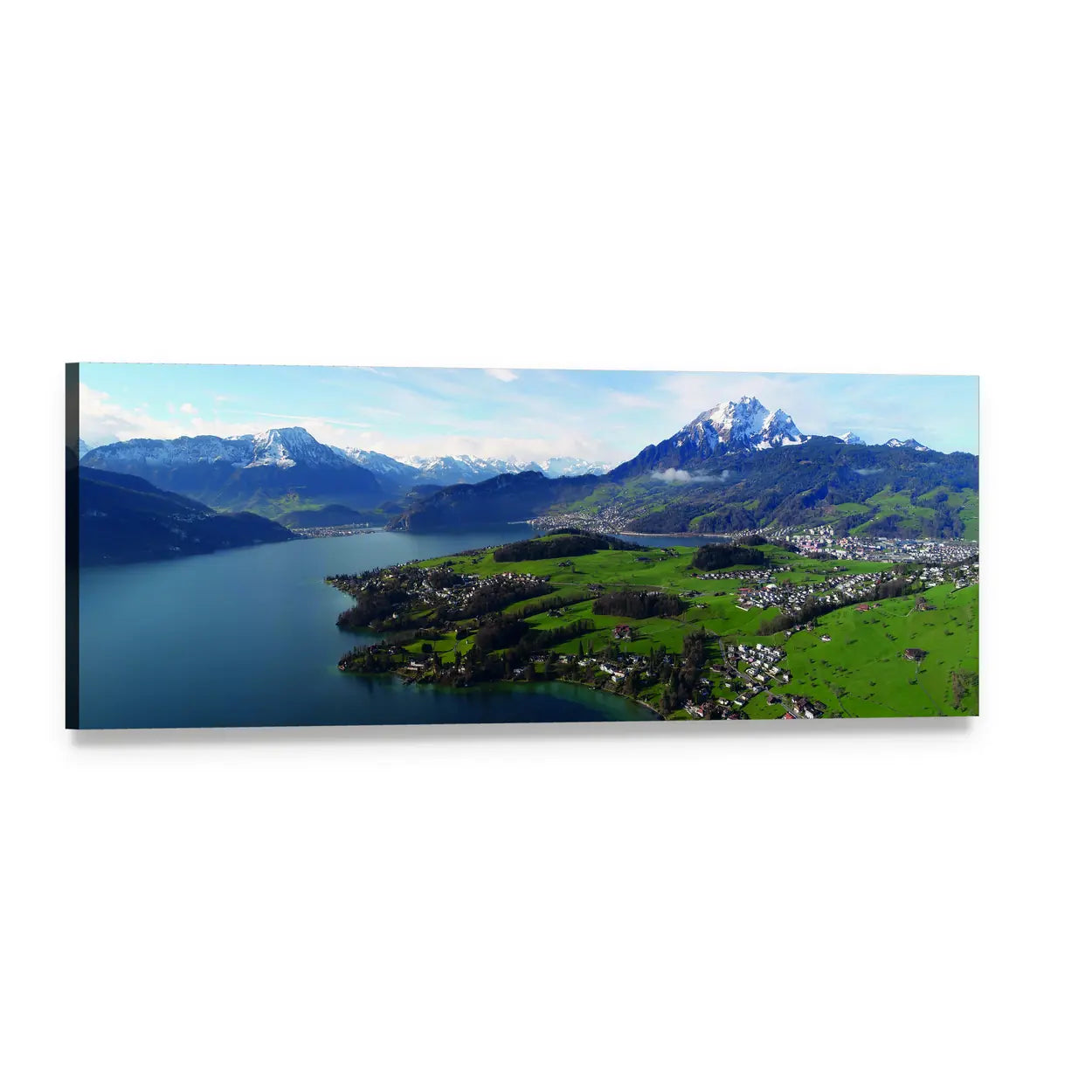 Trubsee Lake Snowy Peak and Village Panoramic Canvas Wall Art, single panel gallery wrapped canvas, angled product view