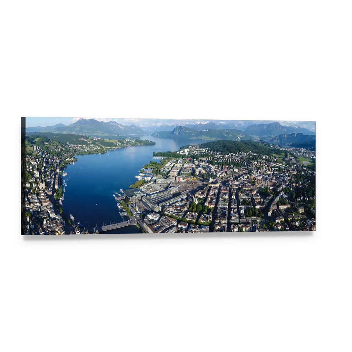 Lake Lucerne Aerial Cityscape Panoramic Canvas Wall Art, single panel gallery wrapped canvas, angled product view