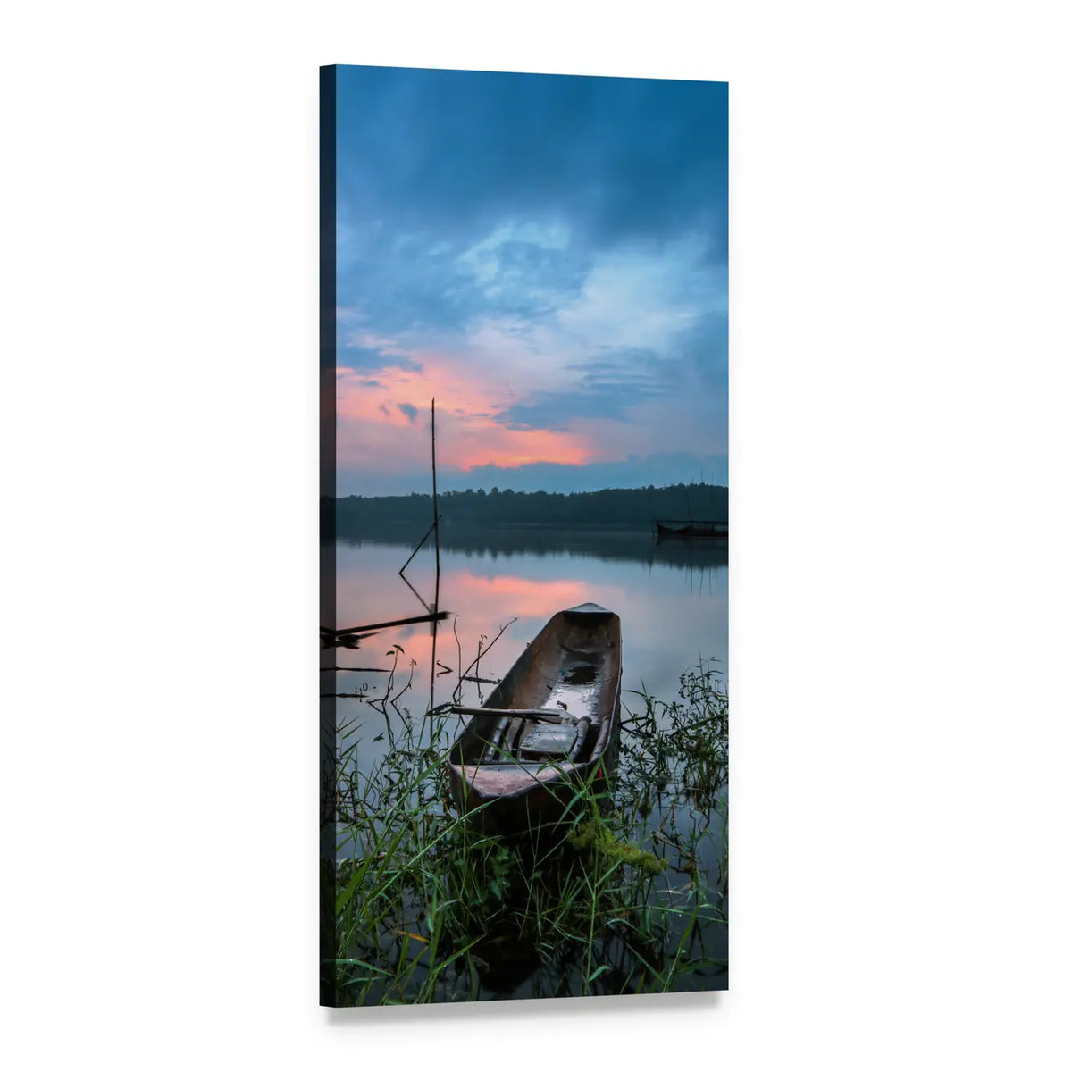 Wooden Rowboat on Blue Lake Vertical Canvas Wall Art, 1 panel 1 Vertical layout gallery wrapped canvas set, angled product view