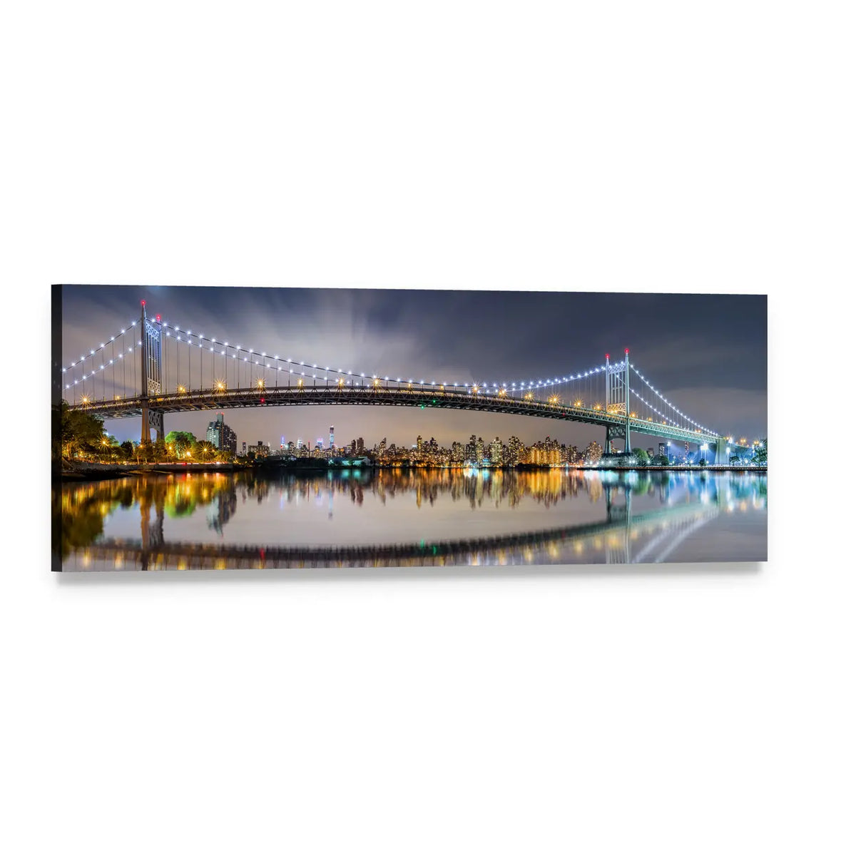 Triboro Bridge at Night Panoramic Canvas Wall Art, single panel gallery wrapped canvas, angled product view
