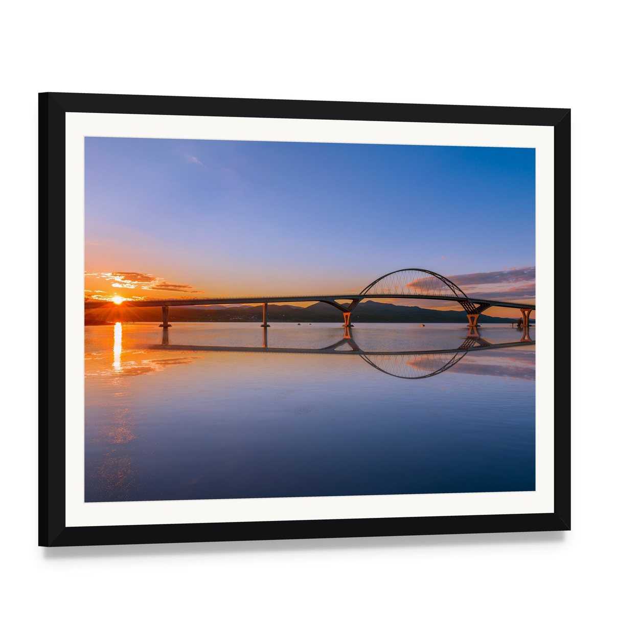 Lake Champlain Bridge at Sunset Canvas Wall Art, framed print with white mat and black frame, angled product view