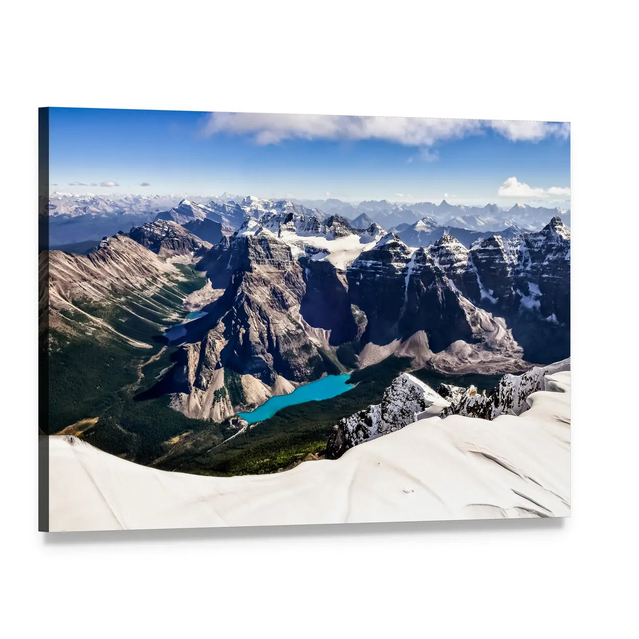 Turquoise Lake Below Snow-capped Peaks Canvas Wall Art, single panel gallery wrapped canvas, angled product view